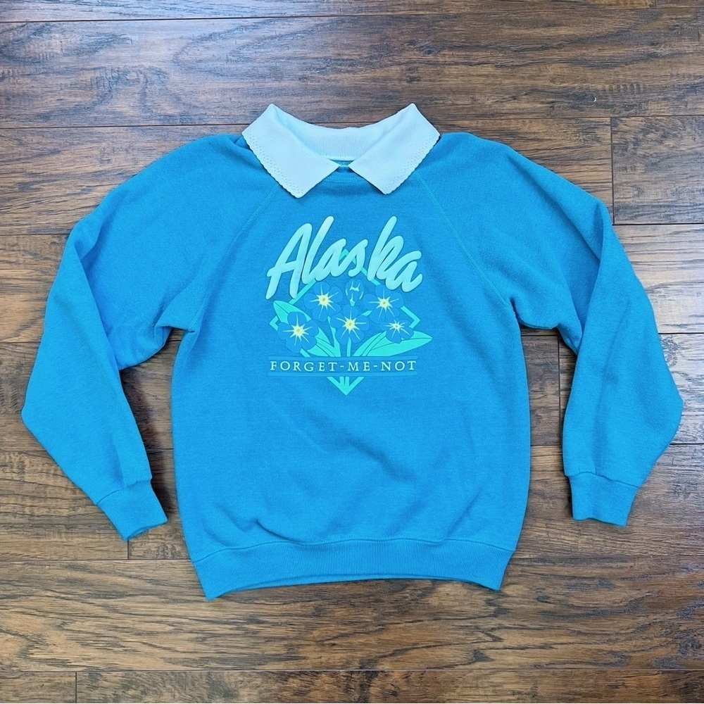 vintage • Alaska sweatshirt teal blue pullover collar Forget-Me-Not state flower